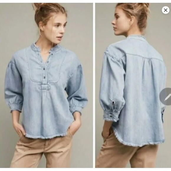 Anthropologie Holding Horses Denim Chambray Fray Edge Top Small - Picture 1 of 12